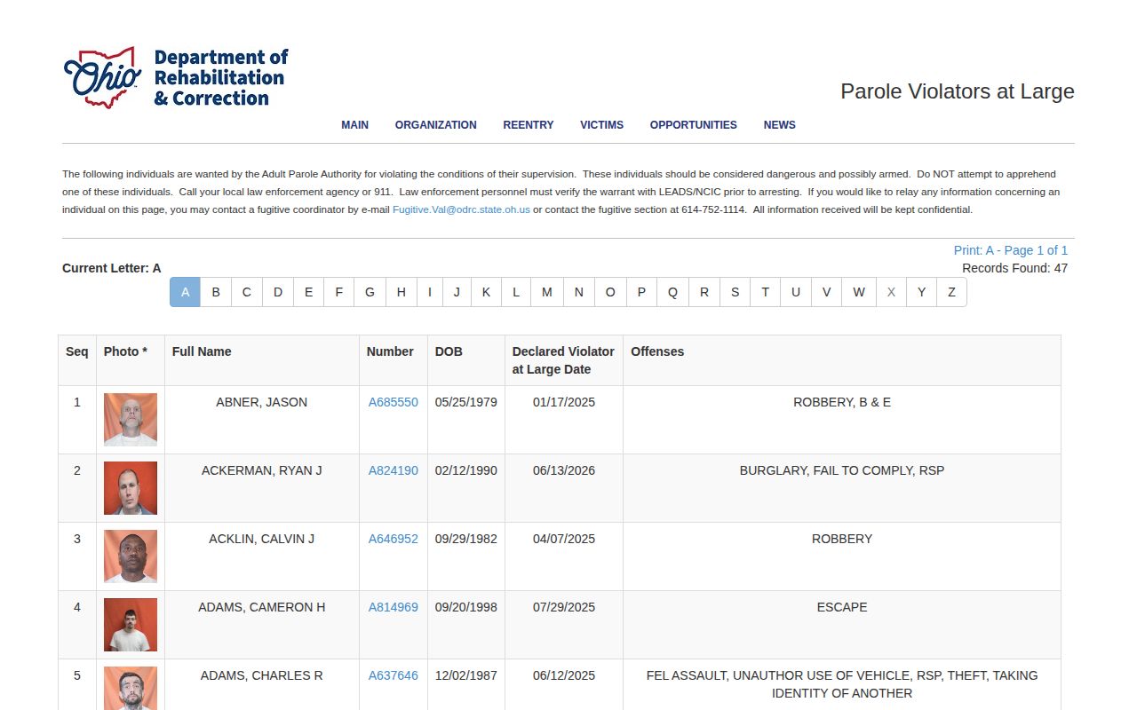 Stark County parole and probation Violators at Large lookup
