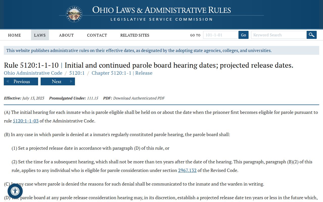 Ohio Parole Board rule affecting Stark County projected release dates