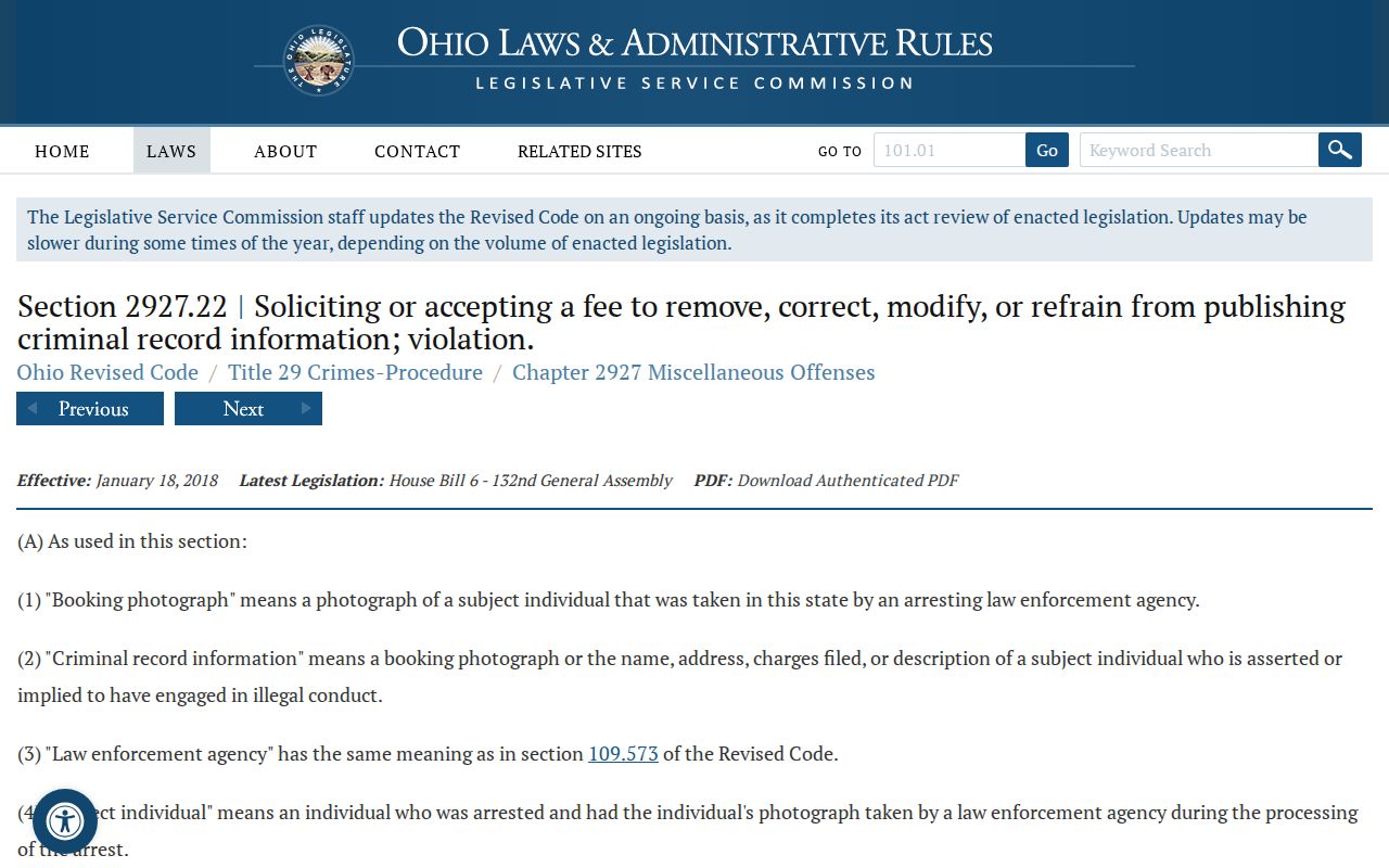 Ohio law governing payment for removal of Stark County released mugshots